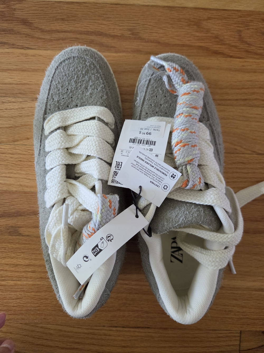 Zara Gray Suede Lace-Up Sneakers with Cream & Orange Accents